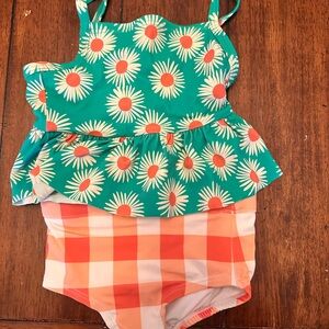 Hanna Andersson Green Floral and Orange Checkered Kids Swimsuit